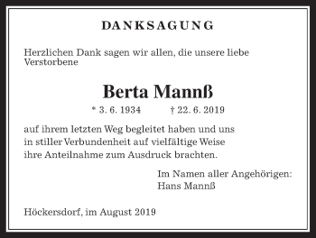 Traueranzeige von Berta Mannß von Mücker Stimme