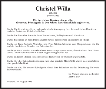 Traueranzeige von Christel Willa von Wetterauer Zeitung