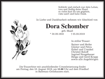 Traueranzeige von Dora Schomber von Giessener Allgemeine, Alsfelder Allgemeine