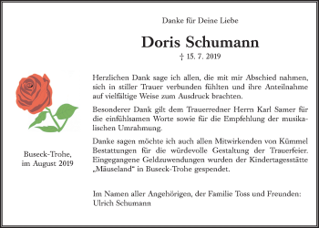 Traueranzeige von Doris Schumann von Giessener Allgemeine, Alsfelder Allgemeine