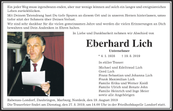 Traueranzeige von Eberhard Lich von Giessener Allgemeine, Alsfelder Allgemeine
