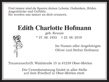 Traueranzeige von Edith Charlotte Hofmann von Wetterauer Zeitung