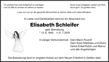 Traueranzeige von Elisabeth Schleifer von Giessener Allgemeine, Alsfelder Allgemeine