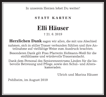 Traueranzeige von Elli Häuser von Giessener Allgemeine, Alsfelder Allgemeine