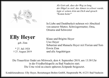 Traueranzeige von Elly Heyer von Wetterauer Zeitung