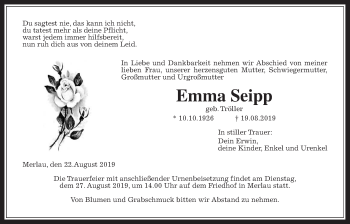 Traueranzeige von Emma Seipp von Giessener Allgemeine, Alsfelder Allgemeine