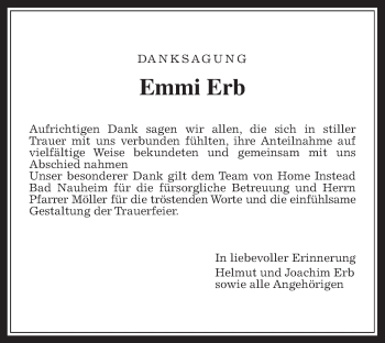 Traueranzeige von Emmi Erb von Giessener Allgemeine, Alsfelder Allgemeine