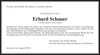 Traueranzeige von Erhard Schauer von Giessener Allgemeine, Alsfelder Allgemeine