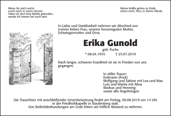 Traueranzeige von Erika Gunold von Giessener Allgemeine, Alsfelder Allgemeine
