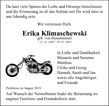 Traueranzeige von Erika Klimaschewski von Pohlheimer Nachrichten