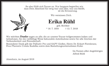Traueranzeige von Erika Rühl von Giessener Allgemeine, Alsfelder Allgemeine
