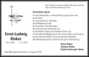 Traueranzeige von Ernst-Ludwig Rinker von Licher Wochenblatt
