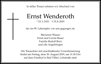 Traueranzeige von Ernst Wenderoth von Bad Vilbel/Karben