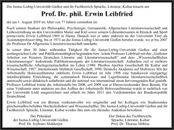 Traueranzeige von Erwin Leibfried von Giessener Allgemeine, Alsfelder Allgemeine