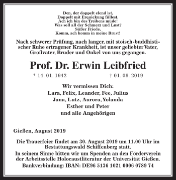 Traueranzeige von Erwin Leibfried von Giessener Allgemeine, Alsfelder Allgemeine