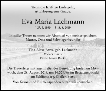Traueranzeige von Eva-Maria Lachmann von Giessener Allgemeine, Alsfelder Allgemeine