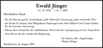 Traueranzeige von Ewald Jünger von Giessener Allgemeine, Alsfelder Allgemeine