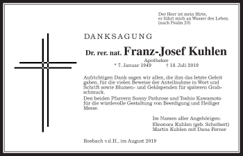 Traueranzeige von Franz-Josef Kuhlen von Wetterauer Zeitung