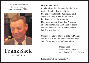 Traueranzeige von Franz Sack von Alsfelder Allgemeine