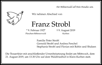 Traueranzeige von Franz Strobl von Bad Vilbel/Karben