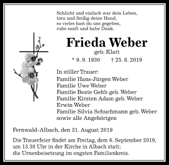 Traueranzeige von Frieda Weber von Giessener Allgemeine, Alsfelder Allgemeine