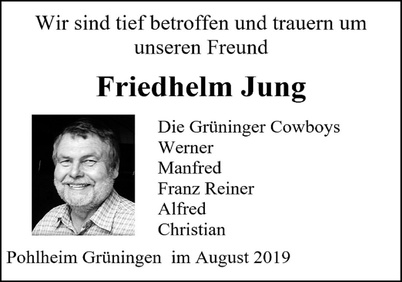  Traueranzeige für Friedhelm Jung vom 29.08.2019 aus Pohlheimer Nachrichten