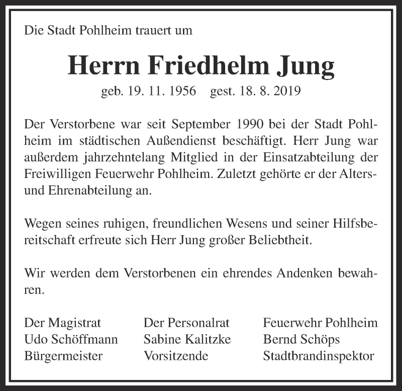  Traueranzeige für Friedhelm Jung vom 29.08.2019 aus Pohlheimer Nachrichten