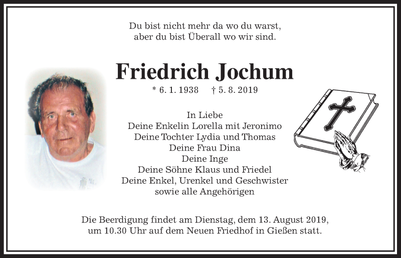  Traueranzeige für Friedrich Jochum vom 10.08.2019 aus Giessener Allgemeine, Alsfelder Allgemeine