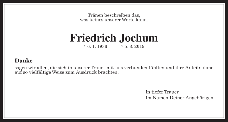  Traueranzeige für Friedrich Jochum vom 24.08.2019 aus Giessener Allgemeine, Alsfelder Allgemeine