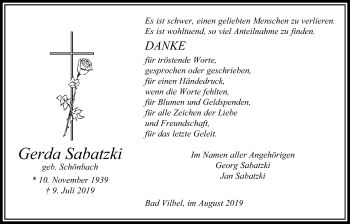 Traueranzeige von Gerda Sabatzki von Bad Vilbel/Karben
