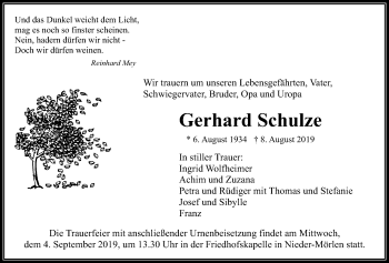Traueranzeige von Gerhard Schulze von Wetterauer Zeitung