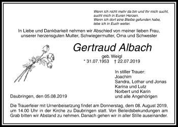 Traueranzeige von Gertraud Albach von Giessener Allgemeine, Alsfelder Allgemeine