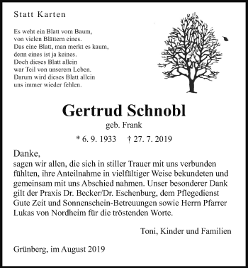 Traueranzeige von Gertrud Schnobl von Giessener Allgemeine, Alsfelder Allgemeine
