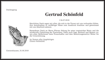 Traueranzeige von Gertrud Schönfeld von Alsfelder Allgemeine