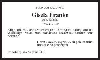 Traueranzeige von Gisela Franke von Wetterauer Zeitung