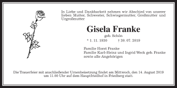 Traueranzeige von Gisela Franke von Wetterauer Zeitung