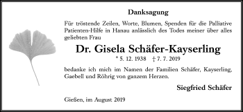 Traueranzeige von Gisela Schäfer-Kayserlin von Giessener Allgemeine, Alsfelder Allgemeine
