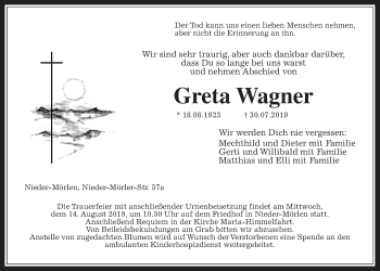 Traueranzeige von Greta Wagner von Wetterauer Zeitung