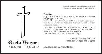 Traueranzeige von Greta Wagner von Wetterauer Zeitung
