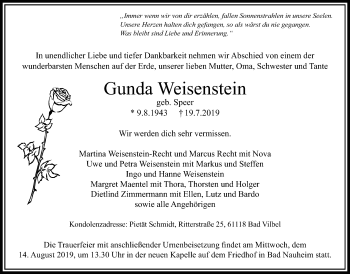 Traueranzeige von Gunda Weisenstein von Bad Vilbel/Karben