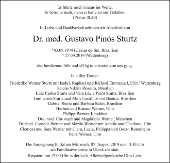 Traueranzeige von Gustavo Pinos Sturtz von Giessener Allgemeine, Alsfelder Allgemeine