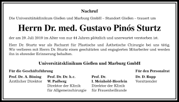Traueranzeige von Gustavo Pinos Sturtz von Giessener Allgemeine, Alsfelder Allgemeine