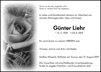 Traueranzeige von Günter Liehr von Giessener Allgemeine, Alsfelder Allgemeine