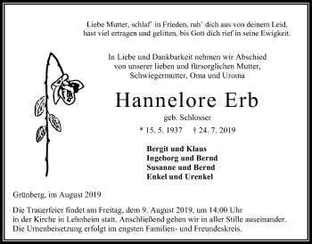 Traueranzeige von Hannelore Erb von Giessener Allgemeine, Alsfelder Allgemeine