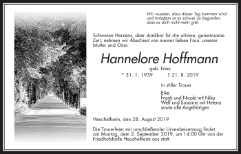 Traueranzeige von Hannelore Hoffmann von Giessener Allgemeine, Alsfelder Allgemeine