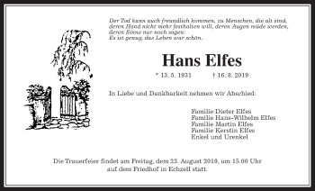 Traueranzeige von Hans Elfes von Wetterauer Zeitung