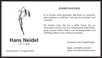 Traueranzeige von Hans Neidel von Giessener Allgemeine, Alsfelder Allgemeine