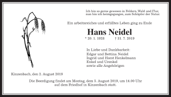 Traueranzeige von Hans Neidel von Giessener Allgemeine, Alsfelder Allgemeine