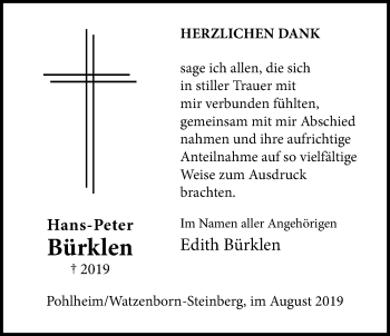 Traueranzeige von Hans-Peter Bürklen von Pohlheimer Nachrichten