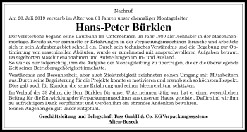 Traueranzeige von Hans-Peter Bürklen von Giessener Allgemeine, Alsfelder Allgemeine